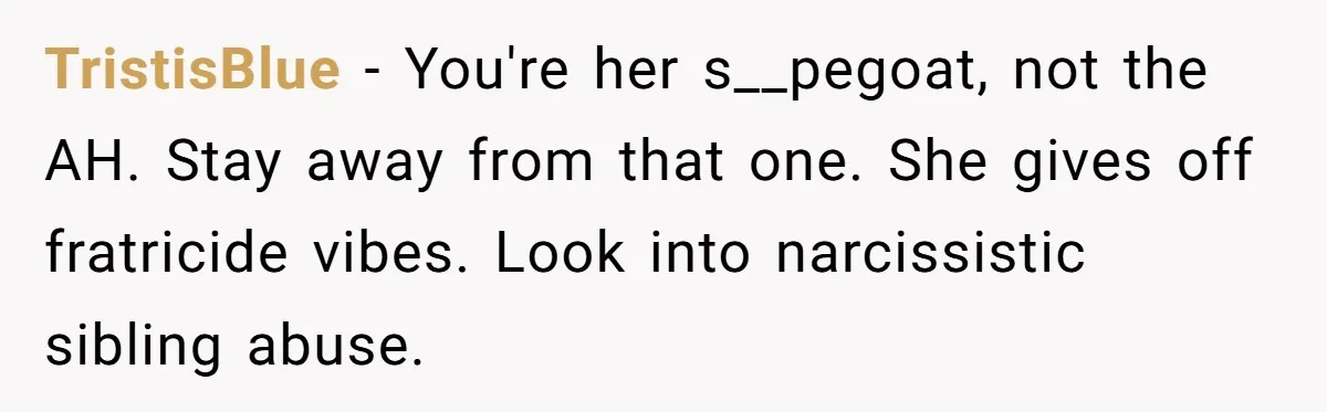 TristisBlue − You're her s__pegoat, not the AH. Stay away from that one. She gives off fratricide vibes. Look into narcissistic sibling abuse.