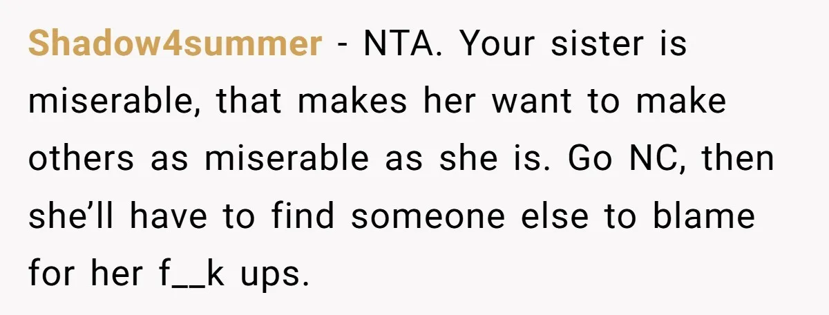 Shadow4summer − NTA. Your sister is miserable, that makes her want to make others as miserable as she is. Go NC, then she’ll have to find someone else to blame...