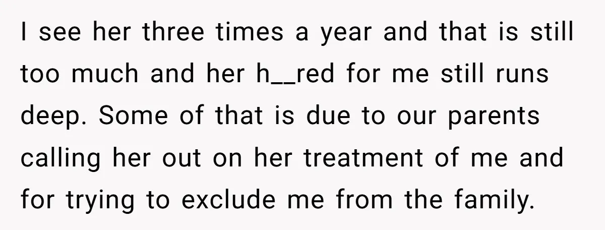I see her three times a year and that is still too much and her h__red for me still runs deep. Some of that is due to our parents calling...