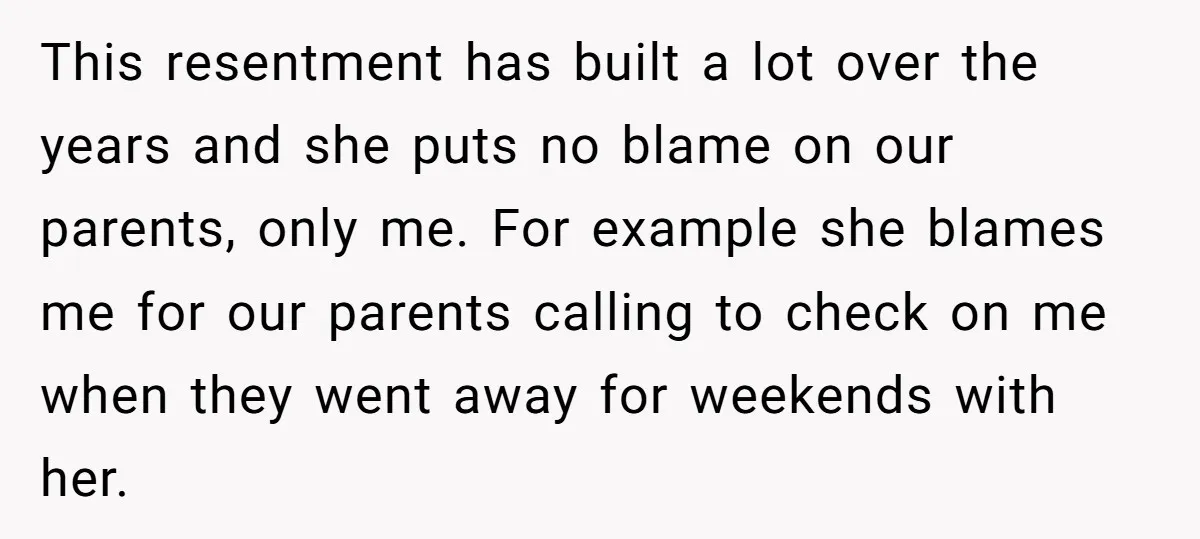 This resentment has built a lot over the years and she puts no blame on our parents, only me. For example she blames me for our parents calling to check...
