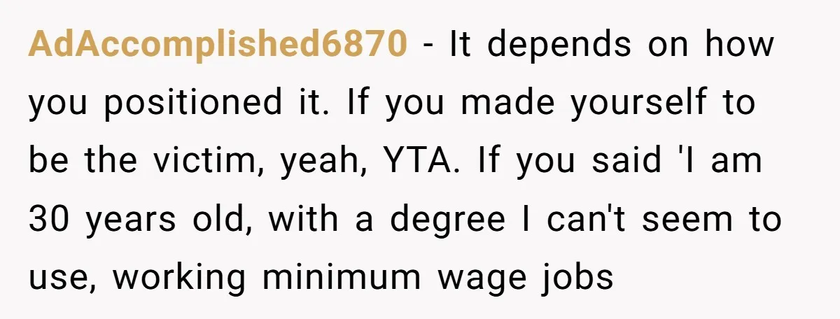 AdAccomplished6870 − It depends on how you positioned it. If you made yourself to be the victim, yeah, YTA. If you said 'I am 30 years old, with a degree...