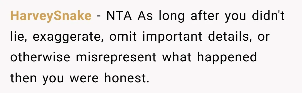 HarveySnake − NTA As long after you didn't lie, exaggerate, omit important details, or otherwise misrepresent what happened then you were honest.
