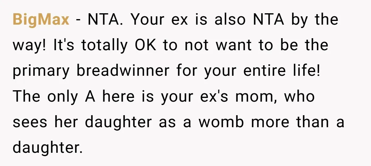 BigMax − NTA. Your ex is also NTA by the way! It's totally OK to not want to be the primary breadwinner for your entire life! The only A here...