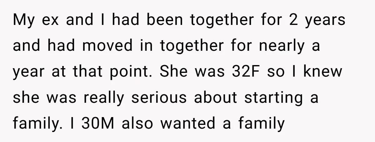 My ex and I had been together for 2 years and had moved in together for nearly a year at that point. She was 32F so I knew she was...