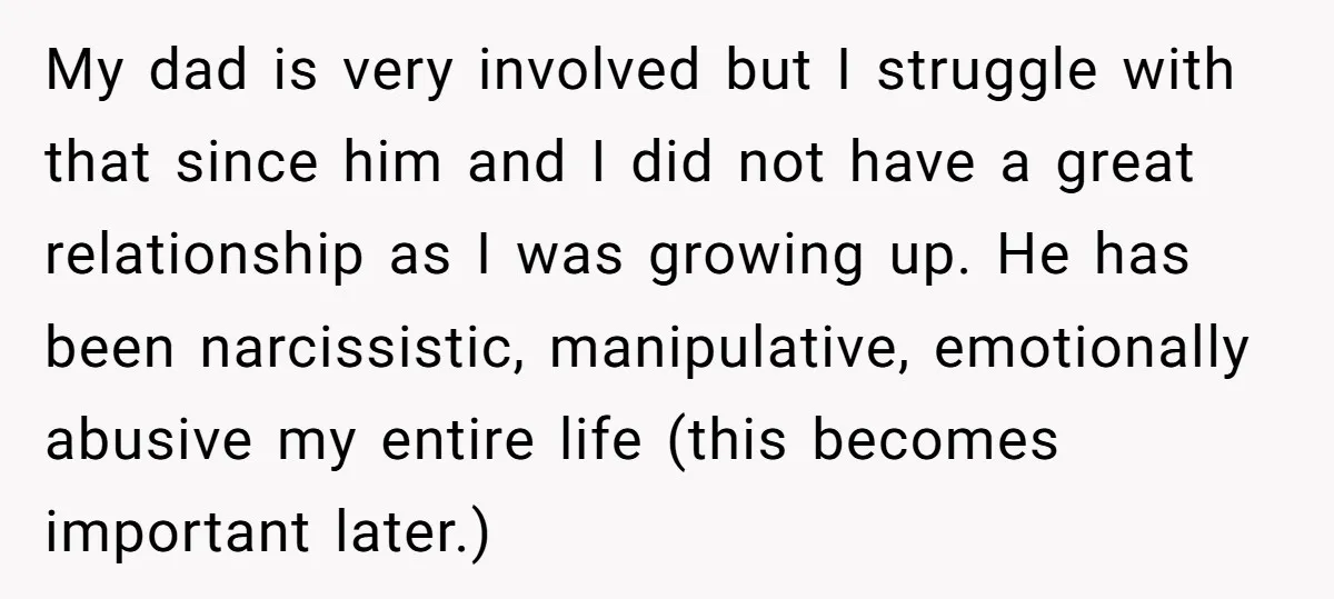 My dad is very involved but I struggle with that since him and I did not have a great relationship as I was growing up. He has been narcissistic, manipulative,...