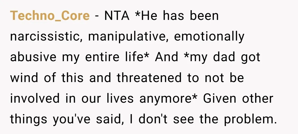Techno_Core − NTA *He has been narcissistic, manipulative, emotionally abusive my entire life* And *my dad got wind of this and threatened to not be involved in our lives anymore*...