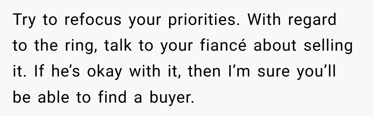 Try to refocus your priorities. With regard to the ring, talk to your fiancé about selling it. If he’s okay with it, then I’m sure you’ll be able to find...