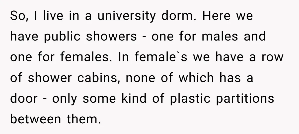 So, I live in a university dorm. Here we have public showers - one for males and one for females. In female`s we have a row of shower cabins, none...