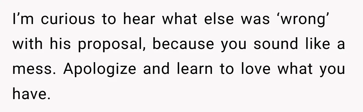 I’m curious to hear what else was ‘wrong’ with his proposal, because you sound like a mess. Apologize and learn to love what you have.