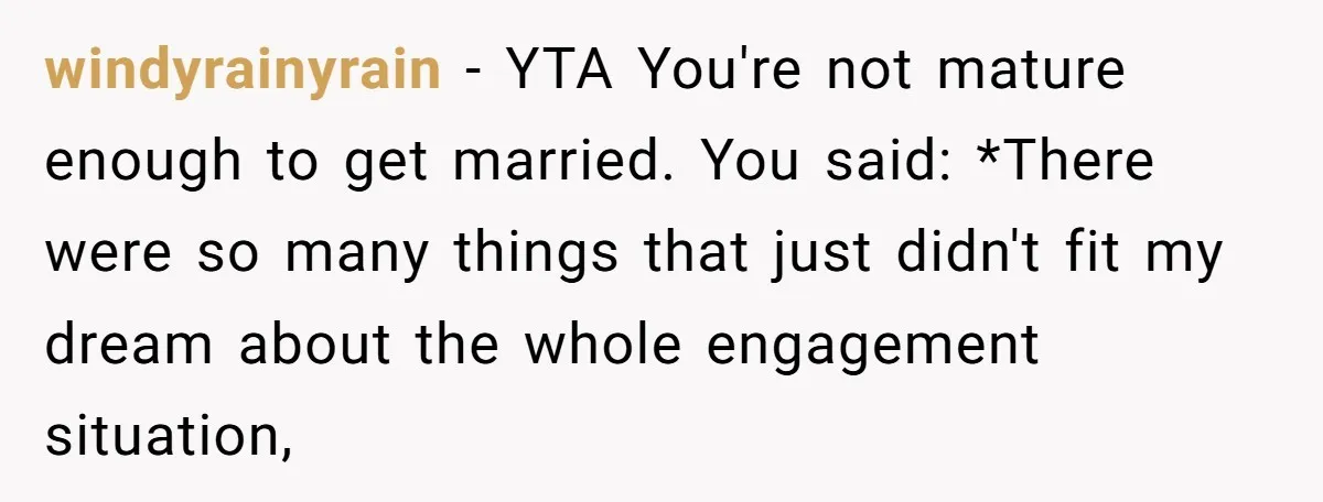 windyrainyrain − YTA You're not mature enough to get married. You said: *There were so many things that just didn't fit my dream about the whole engagement situation,