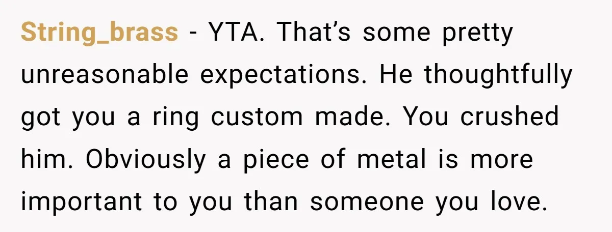 String_brass − YTA. That’s some pretty unreasonable expectations. He thoughtfully got you a ring custom made. You crushed him. Obviously a piece of metal is more important to you than...