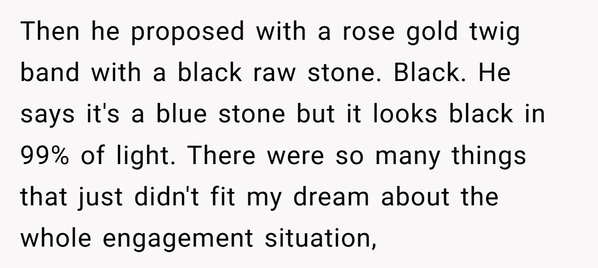 Then he proposed with a rose gold twig band with a black raw stone. Black. He says it's a blue stone but it looks black in 99% of light. There...
