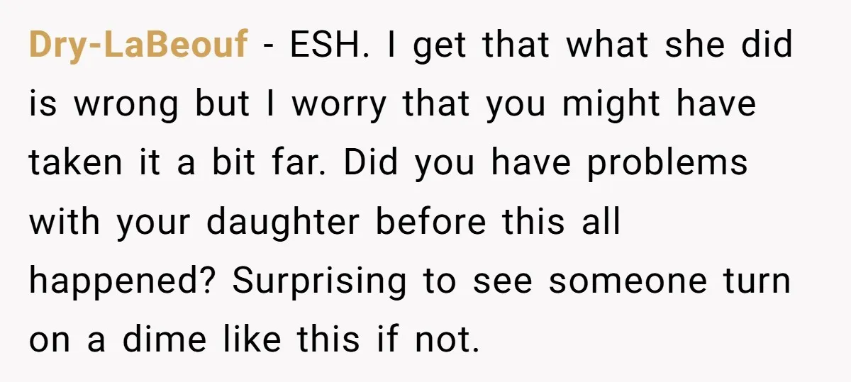 Dry-LaBeouf − ESH. I get that what she did is wrong but I worry that you might have taken it a bit far. Did you have problems with your daughter...