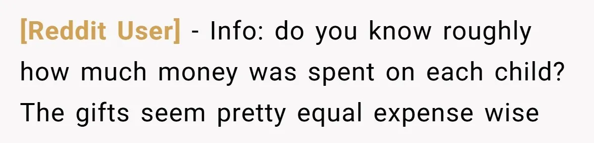 [Reddit User] − Info: do you know roughly how much money was spent on each child? The gifts seem pretty equal expense wise