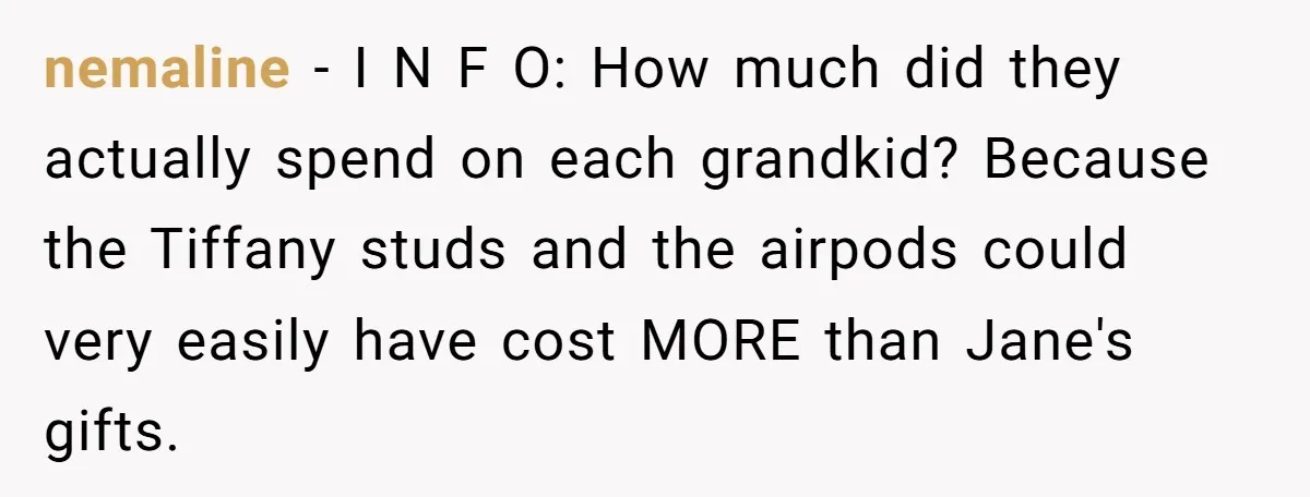 nemaline − I N F O: How much did they actually spend on each grandkid? Because the Tiffany studs and the airpods could very easily have cost MORE than Jane's...