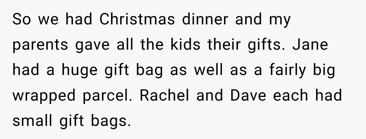 So we had Christmas dinner and my parents gave all the kids their gifts. Jane had a huge gift bag as well as a fairly big wrapped parcel. Rachel and...