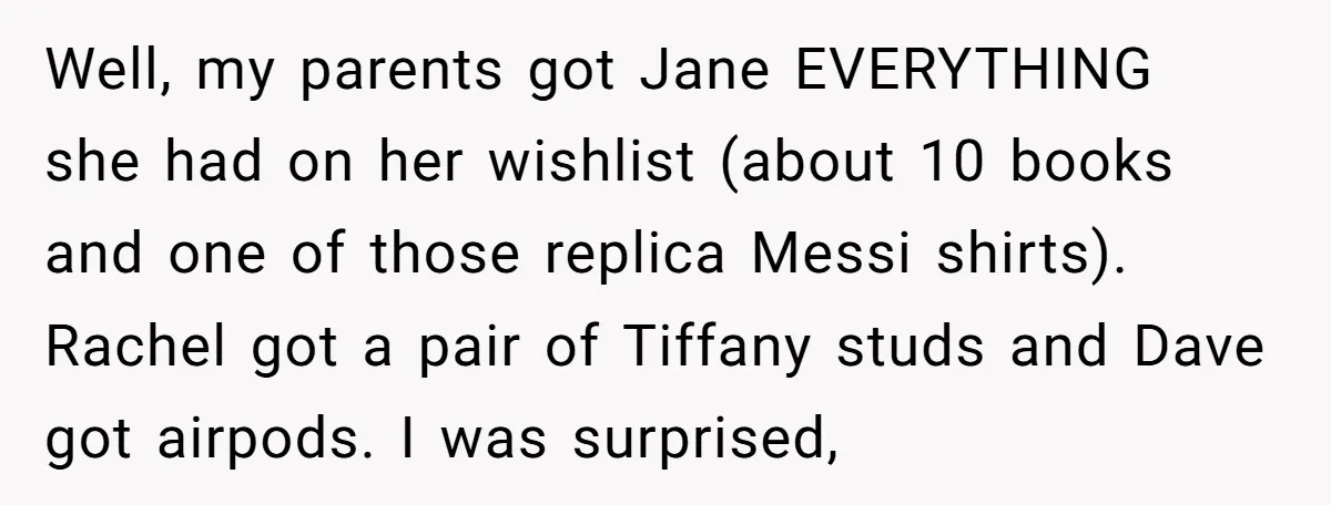 Well, my parents got Jane EVERYTHING she had on her wishlist (about 10 books and one of those replica Messi shirts). Rachel got a pair of Tiffany studs and Dave...
