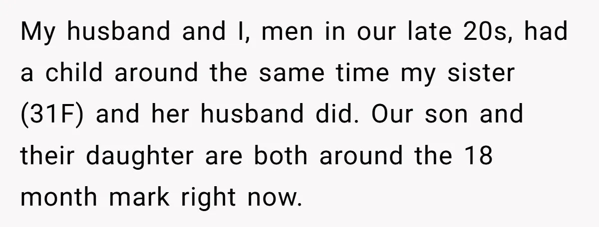 My husband and I, men in our late 20s, had a child around the same time my sister (31F) and her husband did. Our son and their daughter are both...
