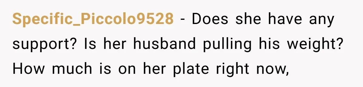 Specific_Piccolo9528 − Does she have any support? Is her husband pulling his weight? How much is on her plate right now,