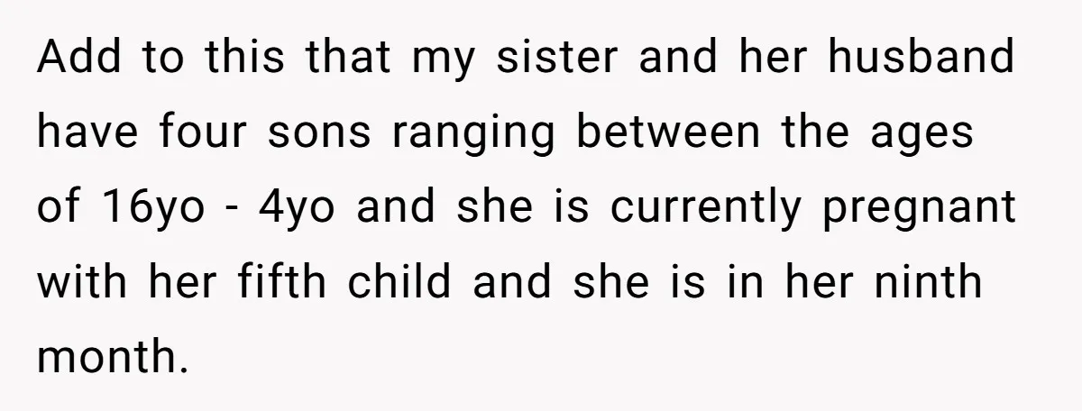 Add to this that my sister and her husband have four sons ranging between the ages of 16yo - 4yo and she is currently pregnant with her fifth child and...