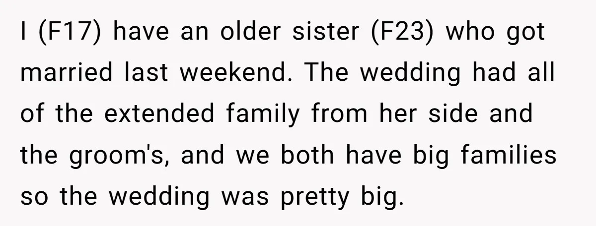 I (F17) have an older sister (F23) who got married last weekend. The wedding had all of the extended family from her side and the groom's, and we both have...