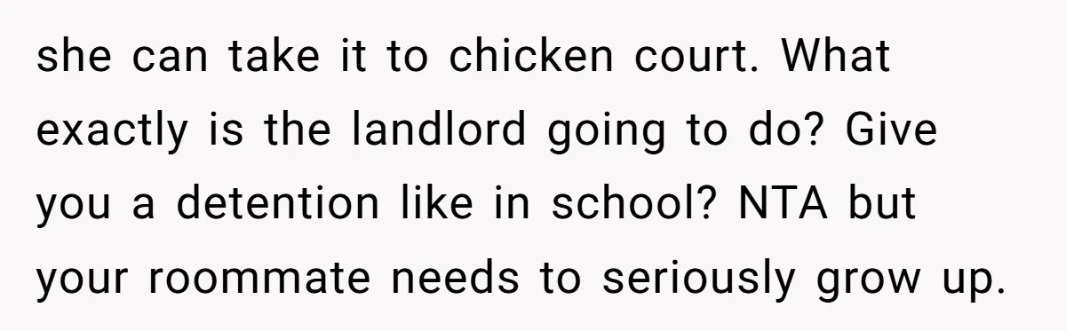 she can take it to chicken court. What exactly is the landlord going to do? Give you a detention like in school? NTA but your roommate needs to seriously grow...
