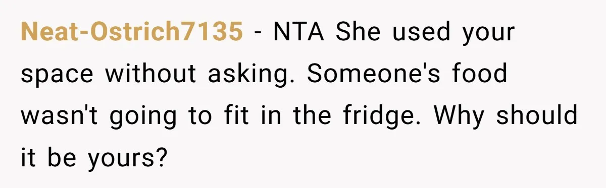 Neat-Ostrich7135 − NTA She used your space without asking. Someone's food wasn't going to fit in the fridge. Why should it be yours?