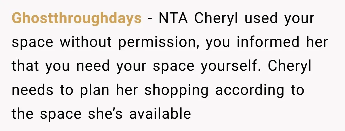 Ghostthroughdays − NTA Cheryl used your space without permission, you informed her that you need your space yourself. Cheryl needs to plan her shopping according to the space she’s available