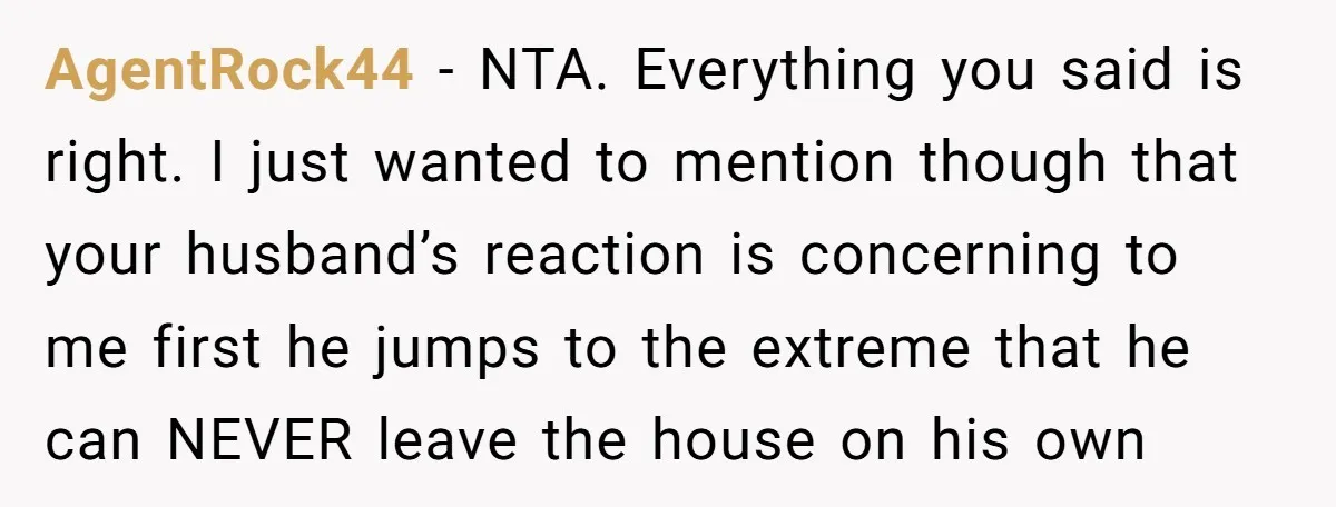 AgentRock44 - NTA. Everything you said is right. I just wanted to mention though that your husband’s reaction is concerning to me first he jumps to the extreme that he...