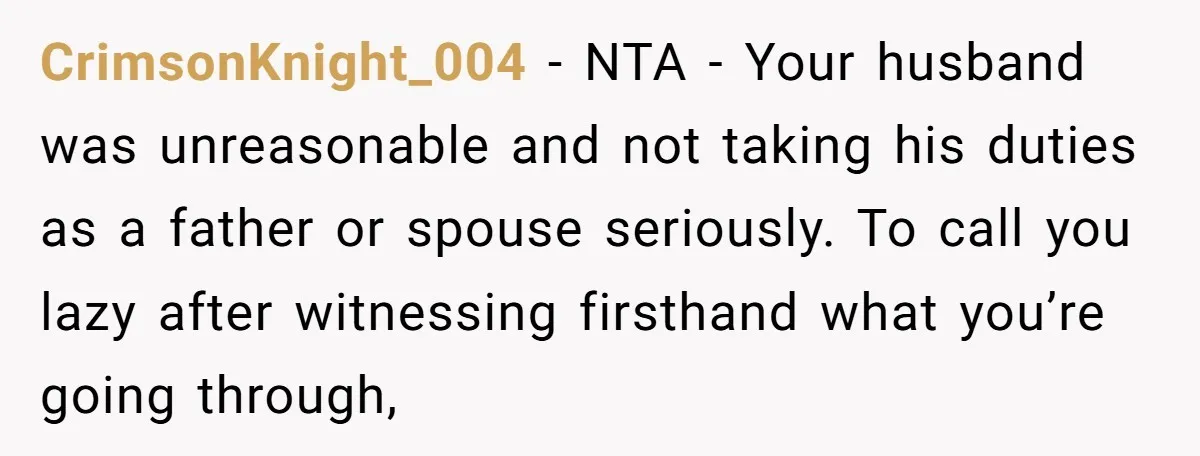 CrimsonKnight_004 - NTA - Your husband was unreasonable and not taking his duties as a father or spouse seriously. To call you lazy after witnessing firsthand what you’re going through,