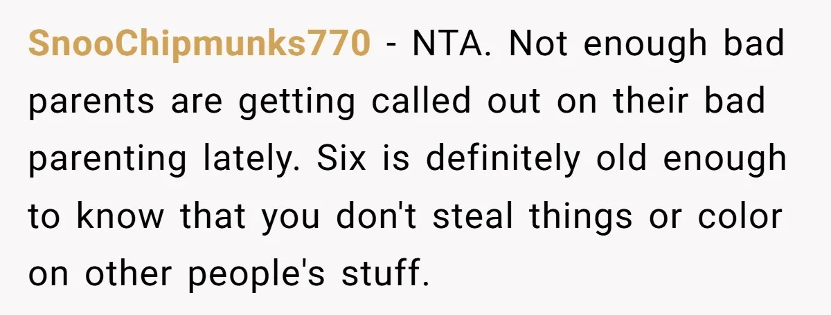 SnooChipmunks770 − NTA. Not enough bad parents are getting called out on their bad parenting lately. Six is definitely old enough to know that you don't steal things or color...