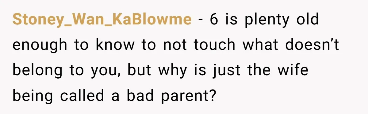 Stoney_Wan_KaBlowme − 6 is plenty old enough to know to not touch what doesn’t belong to you, but why is just the wife being called a bad parent?