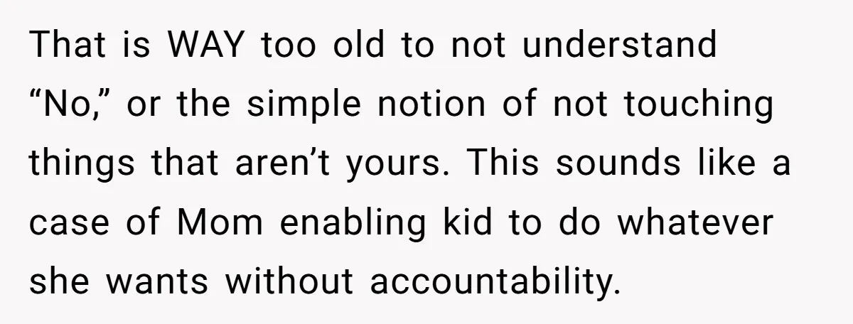 That is WAY too old to not understand “No,” or the simple notion of not touching things that aren’t yours. This sounds like a case of Mom enabling kid to...