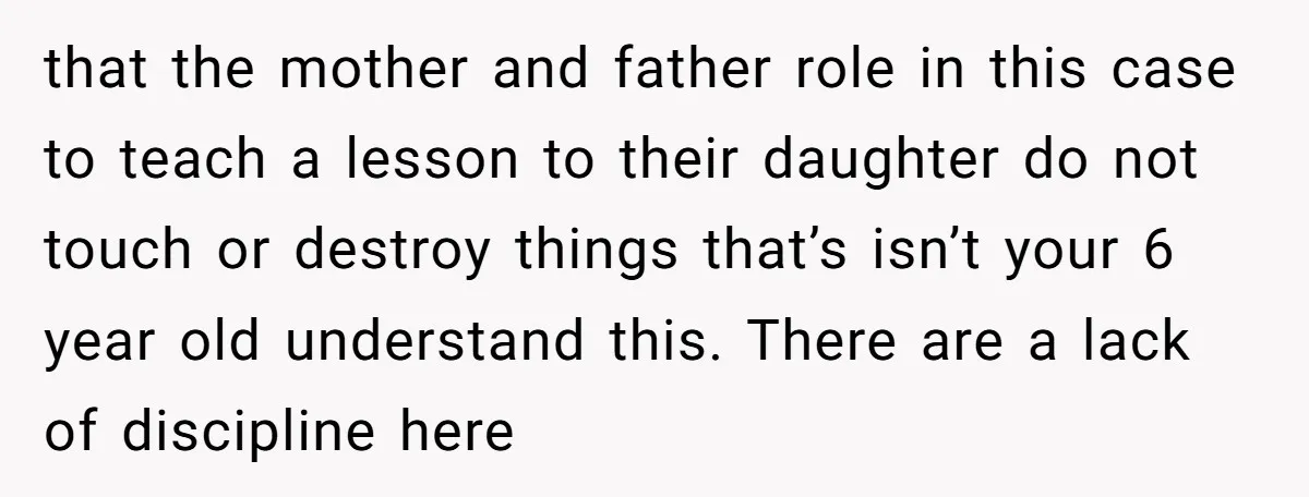 that the mother and father role in this case to teach a lesson to their daughter do not touch or destroy things that’s isn’t your 6 year old understand this....