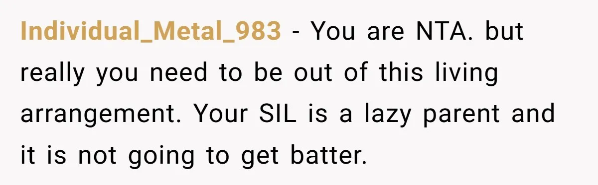 Individual_Metal_983 − You are NTA. but really you need to be out of this living arrangement. Your SIL is a lazy parent and it is not going to get batter.