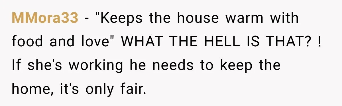 MMora33 − "Keeps the house warm with food and love" WHAT THE HELL IS THAT? ! If she's working he needs to keep the home, it's only fair.