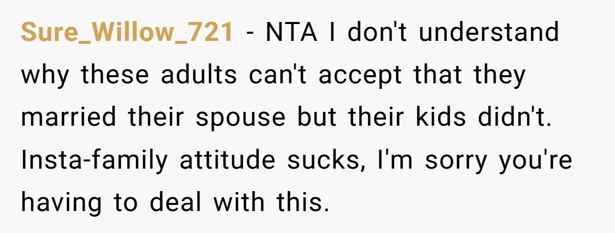 Sure_Willow_721 − NTA I don't understand why these adults can't accept that they married their spouse but their kids didn't. Insta-family attitude sucks, I'm sorry you're having to deal with...