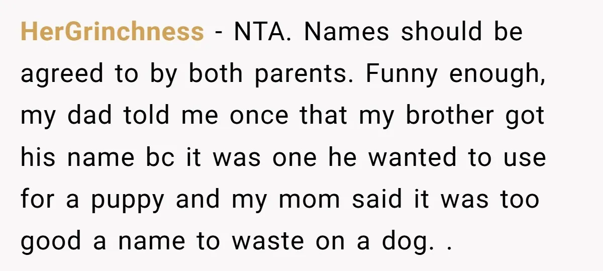 HerGrinchness − NTA. Names should be agreed to by both parents. Funny enough, my dad told me once that my brother got his name bc it was one he wanted...