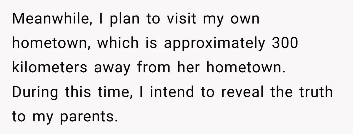 Meanwhile, I plan to visit my own hometown, which is approximately 300 kilometers away from her hometown. During this time, I intend to reveal the truth to my parents.