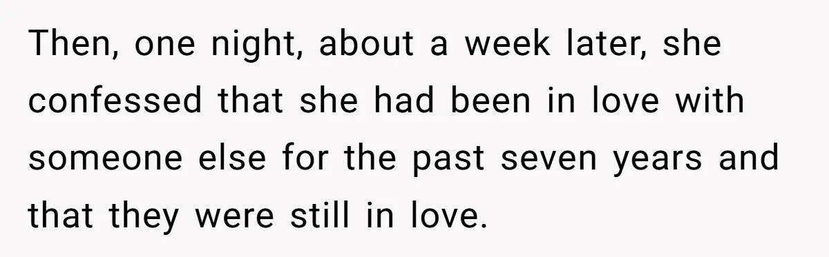 Then, one night, about a week later, she confessed that she had been in love with someone else for the past seven years and that they were still in love.