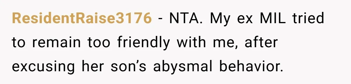 ResidentRaise3176 − NTA. My ex MIL tried to remain too friendly with me, after excusing her son’s abysmal behavior.