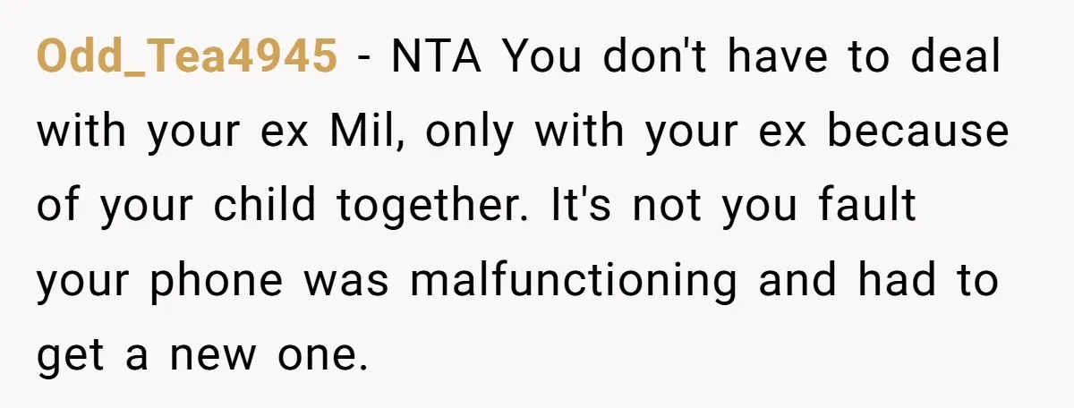 Odd_Tea4945 − NTA You don't have to deal with your ex Mil, only with your ex because of your child together. It's not you fault your phone was malfunctioning and...