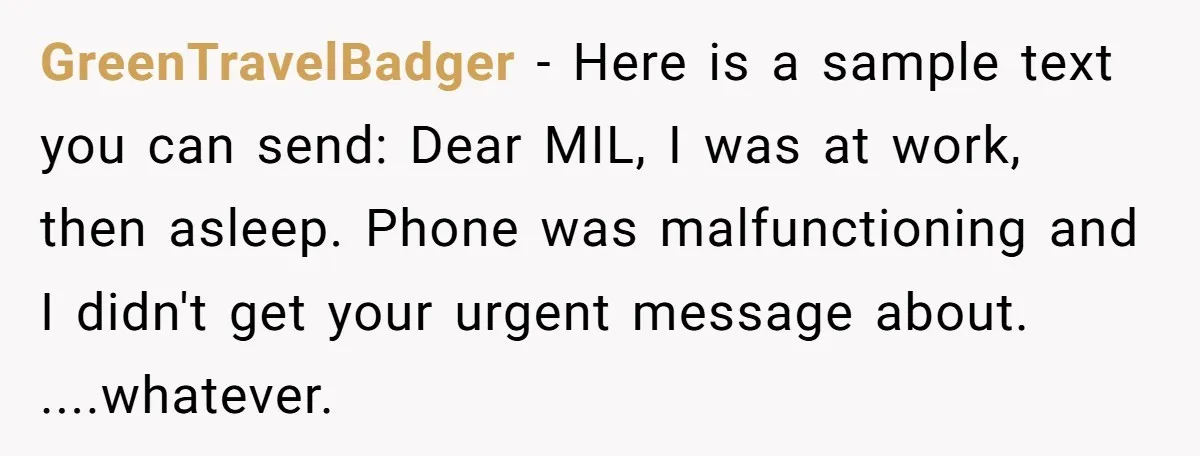 GreenTravelBadger − Here is a sample text you can send: Dear MIL, I was at work, then asleep. Phone was malfunctioning and I didn't get your urgent message about. ....whatever.