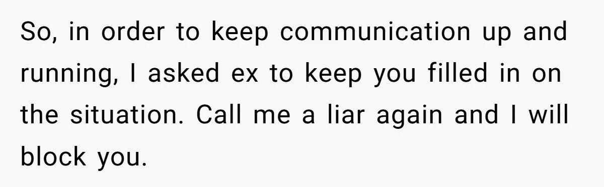 So, in order to keep communication up and running, I asked ex to keep you filled in on the situation. Call me a liar again and I will block you.