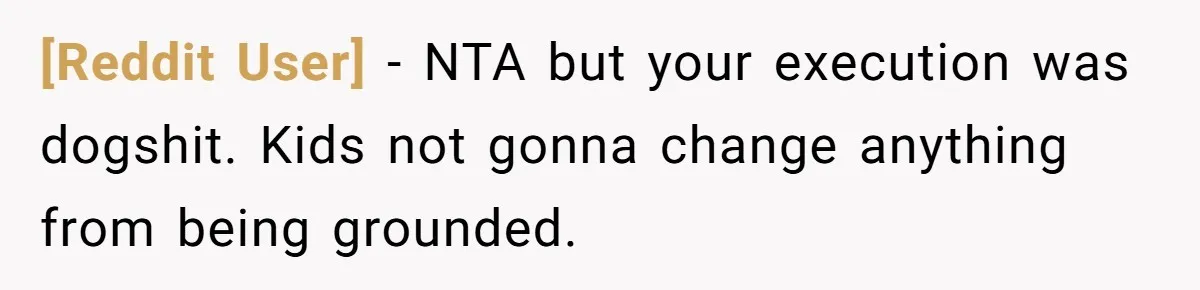 [Reddit User] − NTA but your execution was dogshit. Kids not gonna change anything from being grounded.