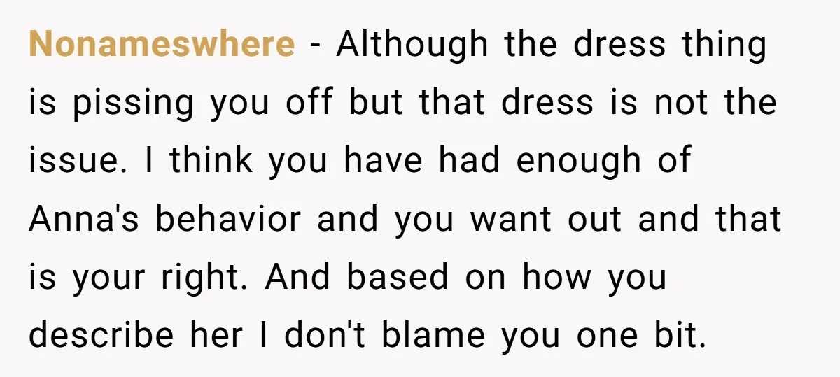 Nonameswhere - Although the dress thing is pissing you off but that dress is not the issue. I think you have had enough of Anna's behavior and you want out...