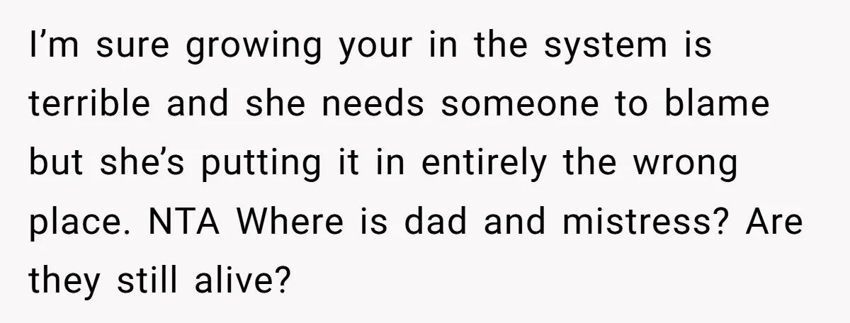 I’m sure growing your in the system is terrible and she needs someone to blame but she’s putting it in entirely the wrong place. NTA Where is dad and mistress?...