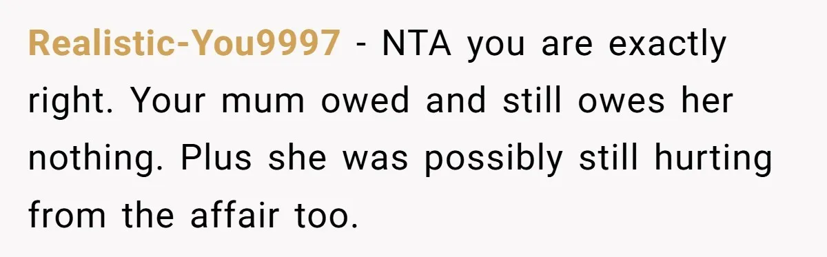 Realistic-You9997 − NTA you are exactly right. Your mum owed and still owes her nothing. Plus she was possibly still hurting from the affair too.