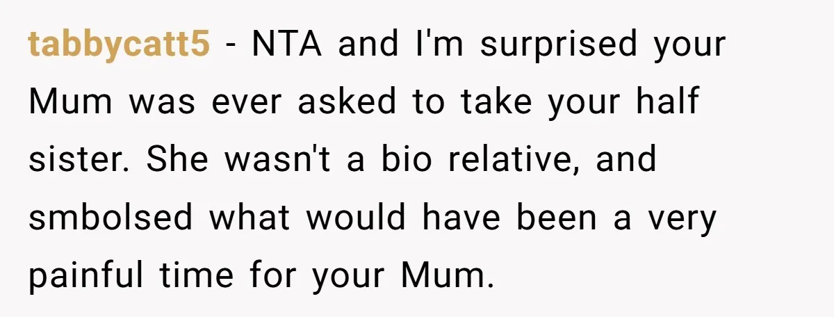 tabbycatt5 − NTA and I'm surprised your Mum was ever asked to take your half sister. She wasn't a bio relative, and smbolsed what would have been a very painful...