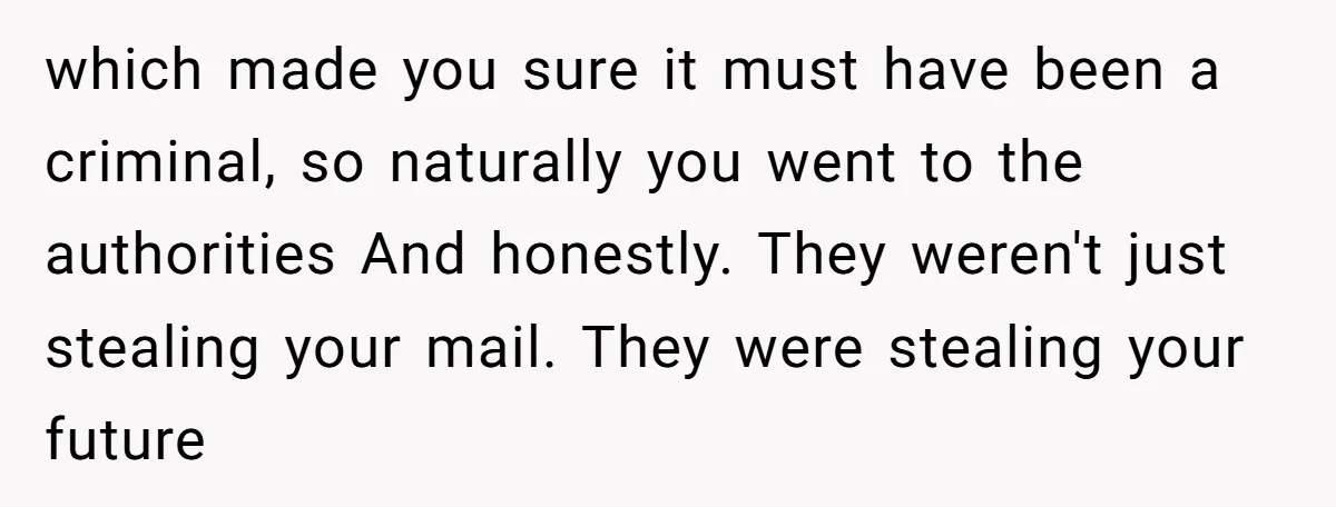 which made you sure it must have been a criminal, so naturally you went to the authorities And honestly. They weren't just stealing your mail. They were stealing your future